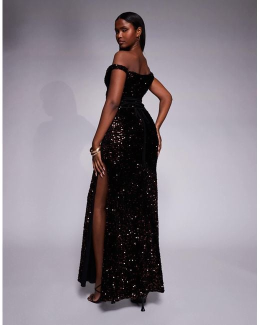 ASOS Blue Velvet Sequin Twist Shoulder With Lace Up Back Maxi Dress