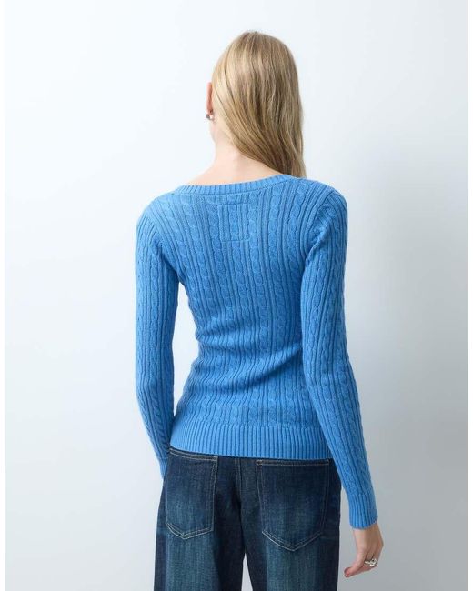 Hollister Blue Fitted Cable Knit V Neck Jumper