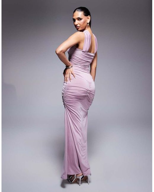 ASOS Purple Slinky Bandeau Ruched Maxi Dress With Neck Tie
