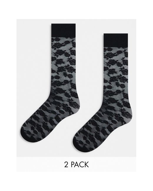 Monki Black 2 Pack Rose Patterned Knee High Socks