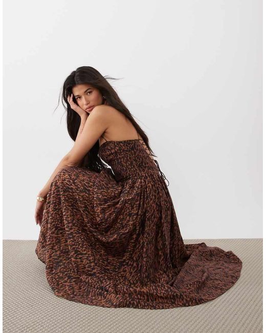 Bardot Brown Estie Sweetheart Neck Gathered Hip Strappy Lace Up Back Detail Printed Maxi Dress