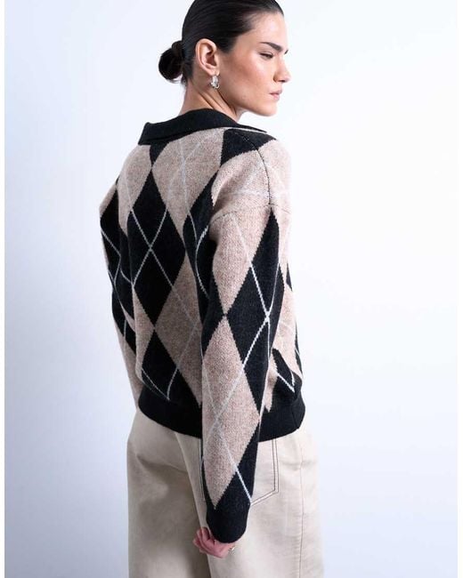 TOPSHOP Gray Knitted Argyle Polo