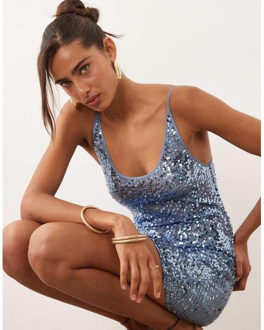 ASOS Blue Embellished Sheer Scattered Sequin Cami Mini Dress