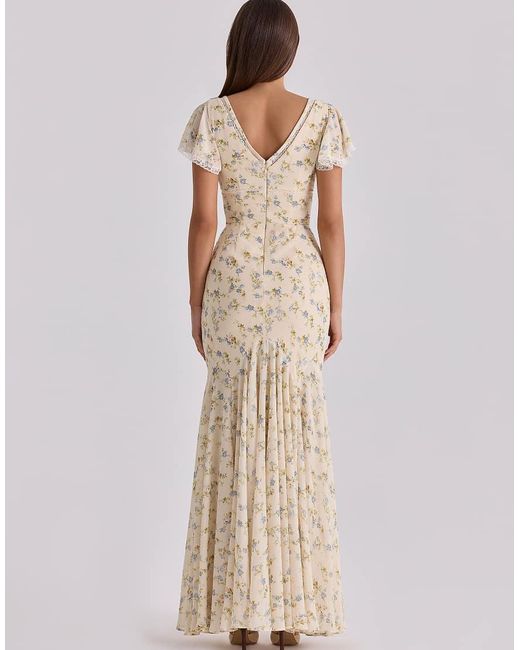 House Of Cb Natural Amina Lemon Floral Print Georgette Maxi Tea Dress