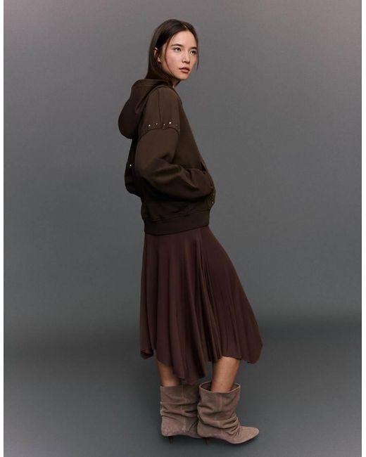 Bershka Brown Zip-up Studded Hood Sweatshirt