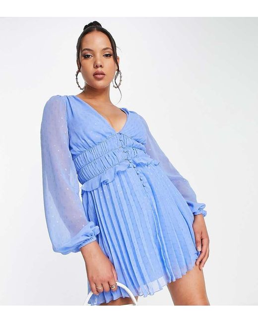 Vestido Corto Abotonado Con Cintura Fruncida Y Falda Plisada De Plumeti Metalizado De Asos Design Tall ASOS de color Blue