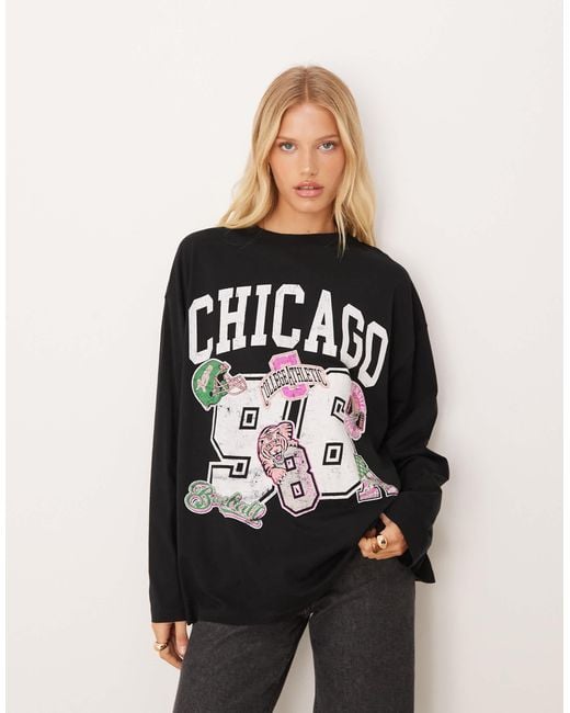 ASOS Black Long Sleeve Skater Tee With Chicago Sports Graphic
