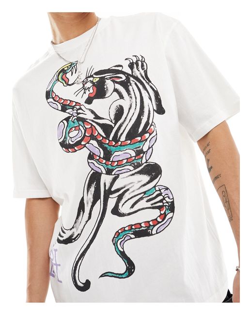 T-shirt oversize con grafica con pantera di Ed Hardy in White da Uomo