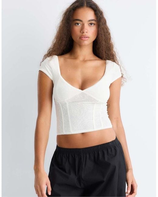 Stradivarius White Flocked Bodice Top