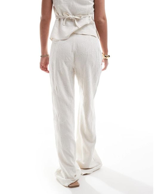 Stradivarius White Co-ord Linen Look Embroidery Detail Trouser
