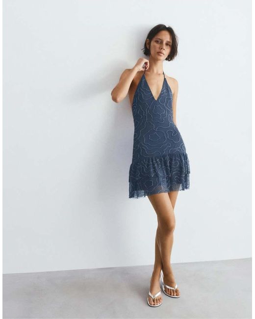 Pull&Bear Blue Short Halter Beaded Dress