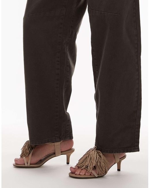 & Other Stories Brown Leather Slingback Open Toe Kitten Heels With Fringe Pom-pom