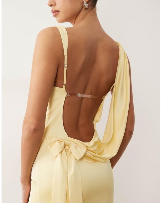 Oh Polly Natural Satin Cowl Drape Detail Open Back Thigh Split Maxi Dress