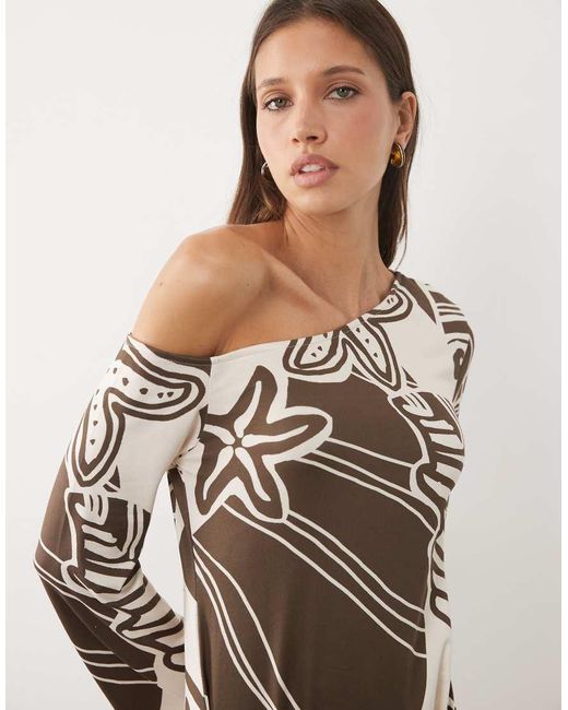 ASOS Natural Long Sleeve Off Shoulder With Tie Detail Mini Dress