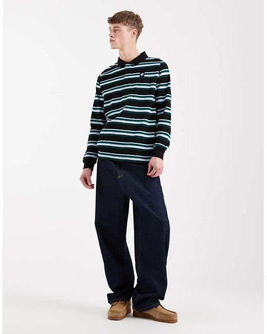 Santa Cruz Blue Cera Stripe Button Up Long Sleeve Polo for men