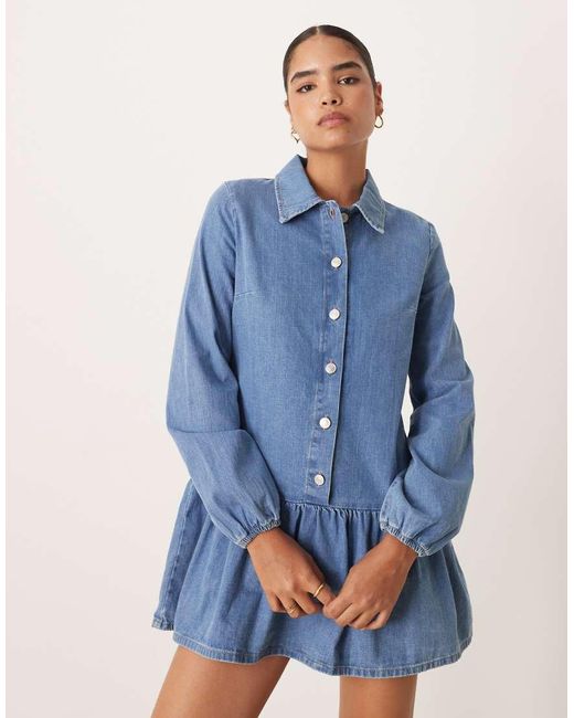 ASOS Blue Denim Dropped Waist Long Sleeve Mini Dress
