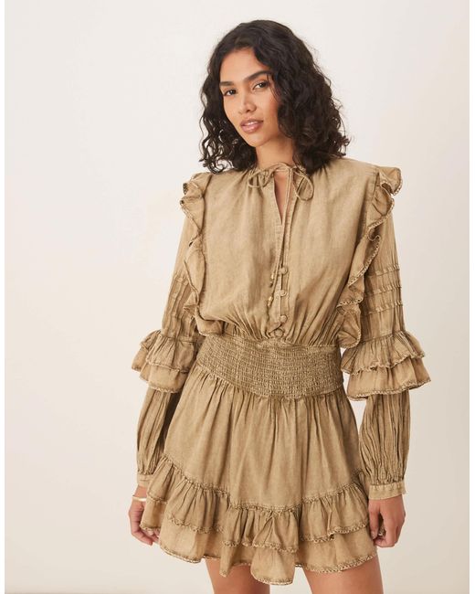 ASOS Brown Voile Mini Dress With Shirred Waist And Ruffle Hem