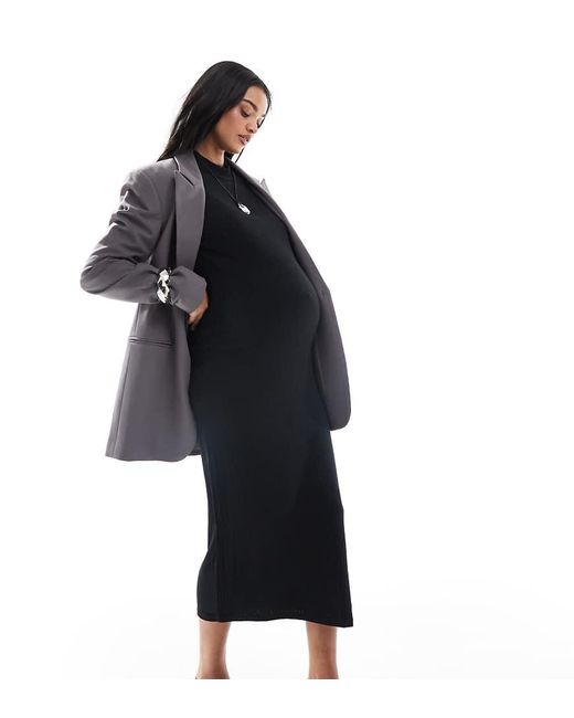 Mama.licious Blue Mamalicious Maternity Soft High Neck Ribbed Long Sleeved Midi Dress