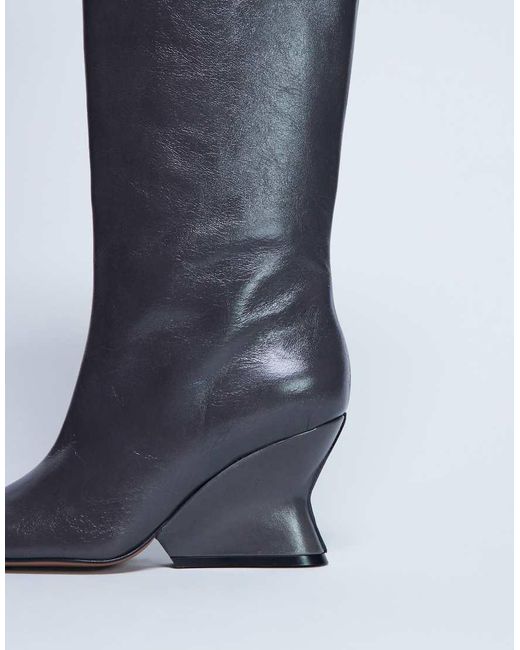 TOPSHOP Blue Selma Premium Leather Knee High Wedge Boot