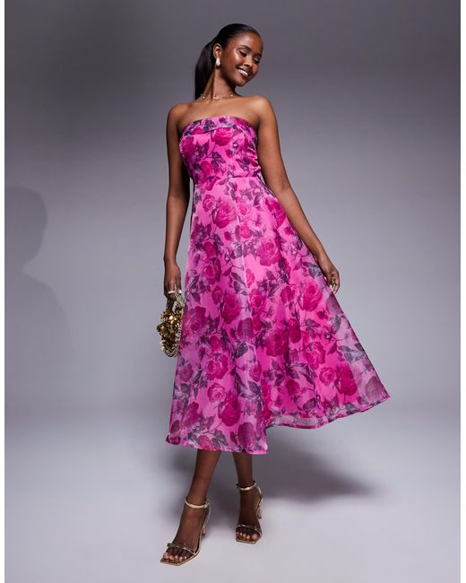 Lulus Lulus Strapless Organza Midi Dress in Pink | Lyst