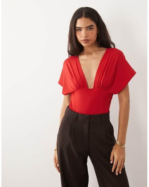 ASOS Red Polyamide Drape Sleeve Plunge Bodysuit