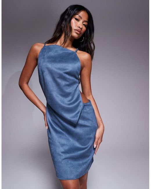 ASOS Blue Slash Neck Suede Mini Dress With Asymmetric Back
