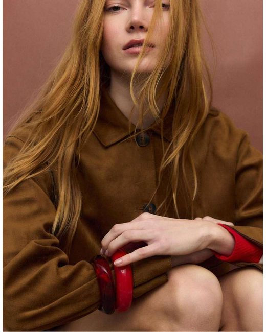 Stradivarius Brown Faux Suede Jacket With Pockets