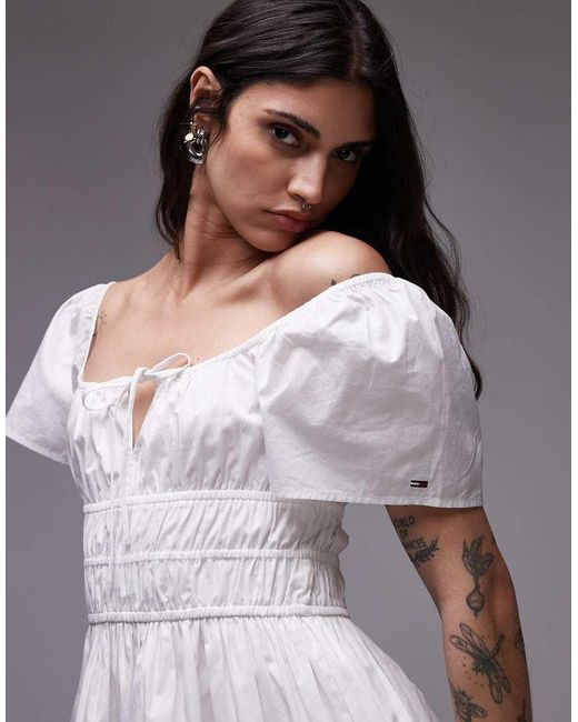Vestido Midi Fruncido De Popelina De -Blanco Tommy Hilfiger de color Gray