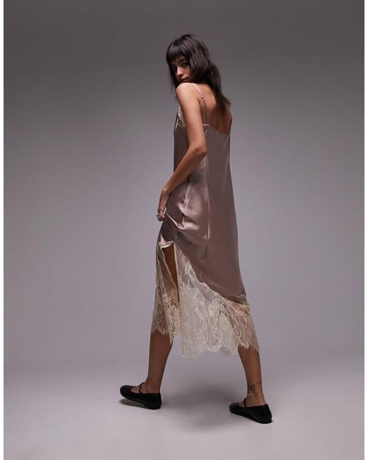 TOPSHOP Brown Contrast Lace Midi Slip Dress