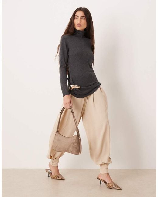 Mango Gray Roll Neck Ruched Side Knitted Top