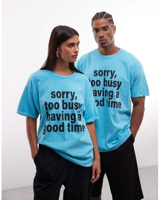 Reclaimed Vintage Blue Too Busy Having A Good Time Graphic Tee