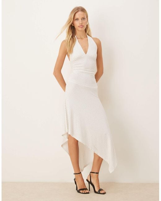 Gina Tricot Natural Halterneck Midi Dress With Asymmetric Hem