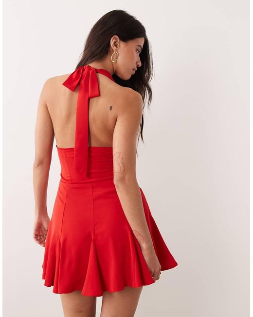 Kaiia Red Exclusive Halterneck Plunge Godet Hem Mini Dress