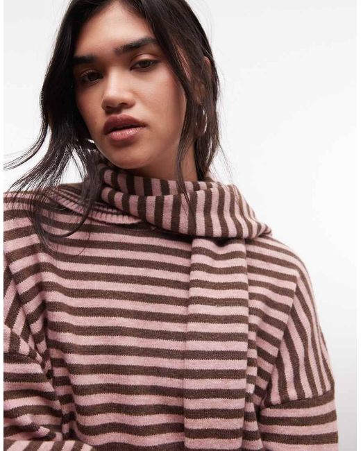 Daisy Street Brown Oversized Stripy Knit Jumper With Collar