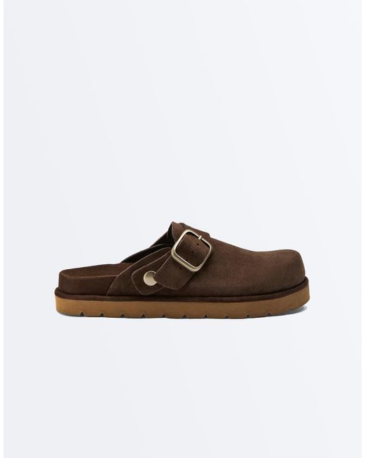 Oysho Brown Buckled Split-Leather Mules