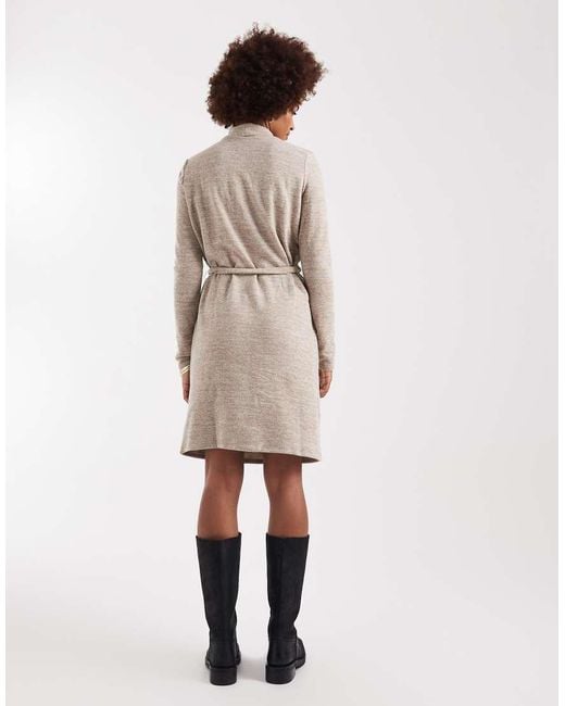 Vero Moda Natural High Neck Knitted Mini Dress With Tie Waist