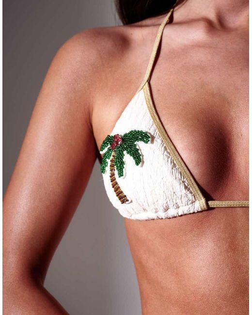 South Beach White Embellished Palm Tree Applique Triangle Bikini Set