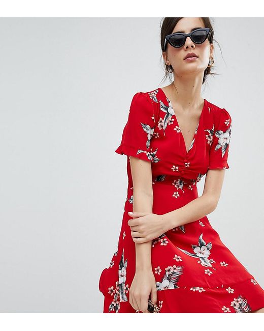 Oasis Red Floral Print Ruched Front Tea Dress