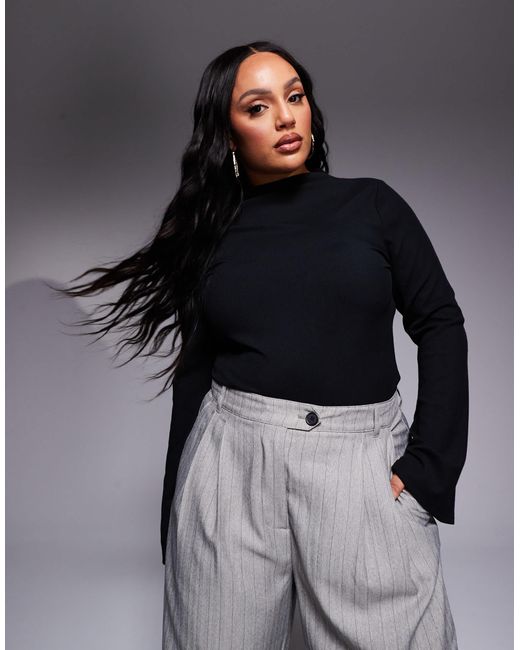 ASOS Black Asos Design Curve Ribbed Bodysuit With Flared Sleeves