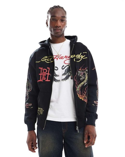 Ed Hardy Gray Venom Zip Thorugh Relaxed Hoodie for men