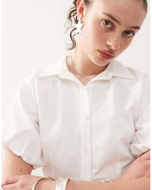 Collusion White Puff Sleeve Cinched Shirt Co-ord