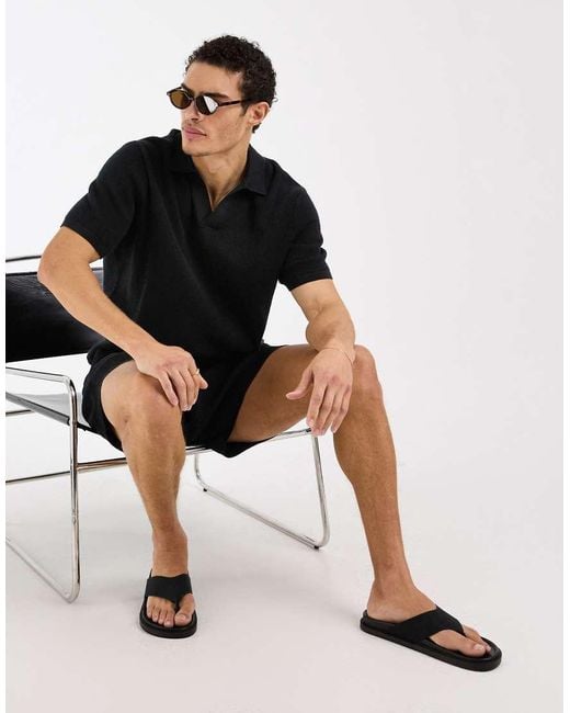 ASOS Black Relaxed Knit Airtex Notch Neck Polo Shirt for men