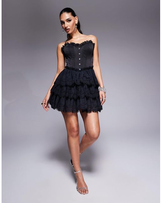 ASOS Blue Bandeau Corset Mini Dress With Broderie Tiered Skirt