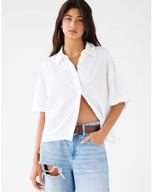 Pull&Bear White – rustic – kurzärmliges hemd