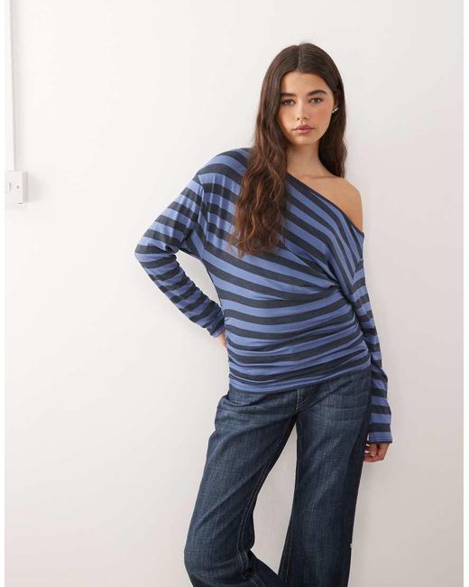 Collusion Blue Off-shoulder Long Sleeve Stripe Top