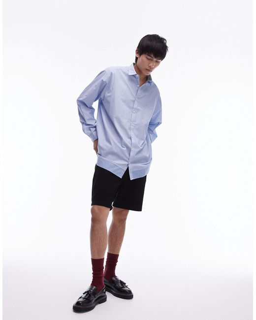 Topman Blue Long Sleeve Oversized Striped Double Layer Hem Shirt for men