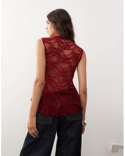 Top sans manches en dentelle noué devant avec encolure à volants - bordeaux Reclaimed (vintage) en coloris Red