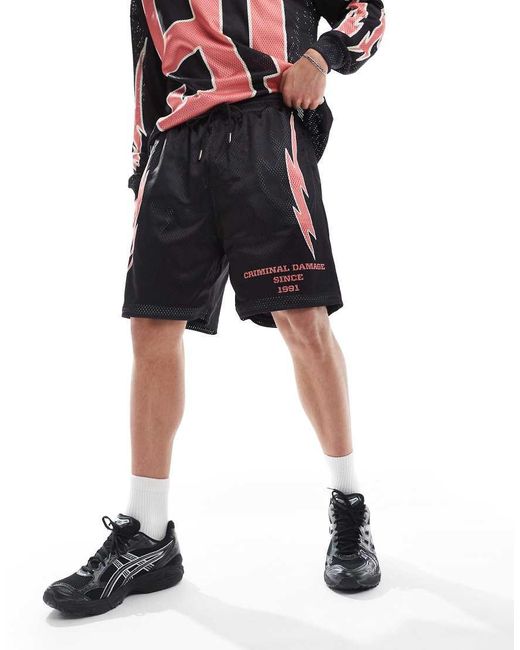 Criminal Damage Black Bolt Printed Shorts Caviar/Coral for men