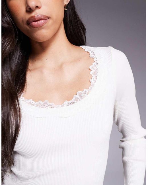 ASOS White Ribbed Round Neck Long Sleeve Top With Lace Trim