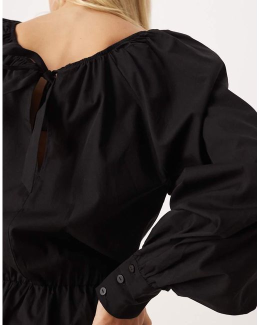ASOS Black Heavy Poplin Blouson Mini Dress With Tie Back